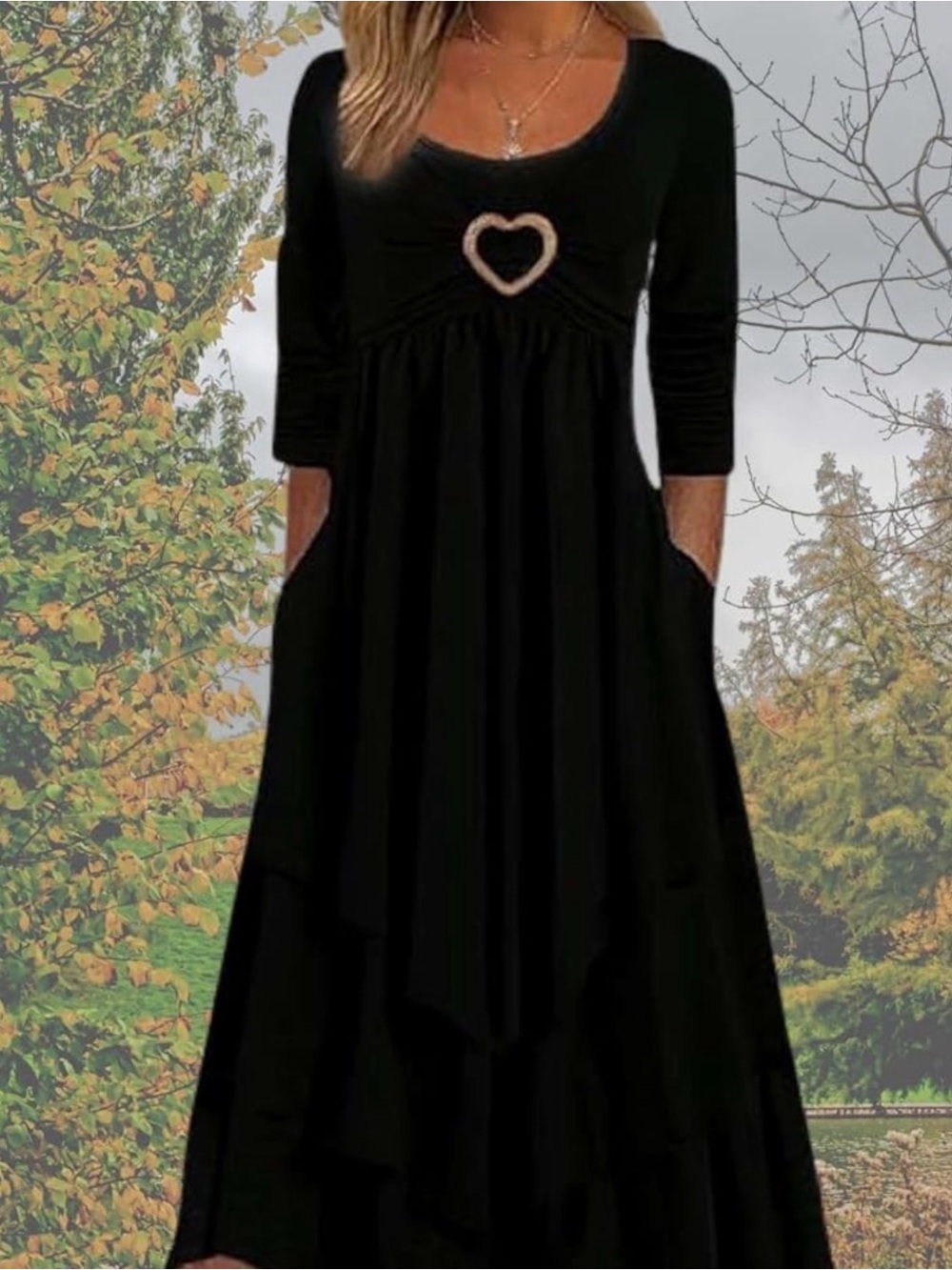 Black Long Sleeve Tiered Midi Dress with Heart Accent